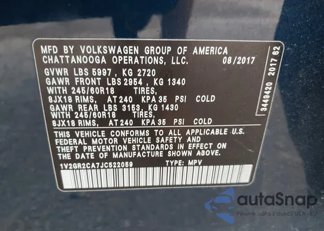2018 Volkswagen Atlas 3.6L V6 S из США, поврежденный, VIN 1V2GR2CA7JC522059